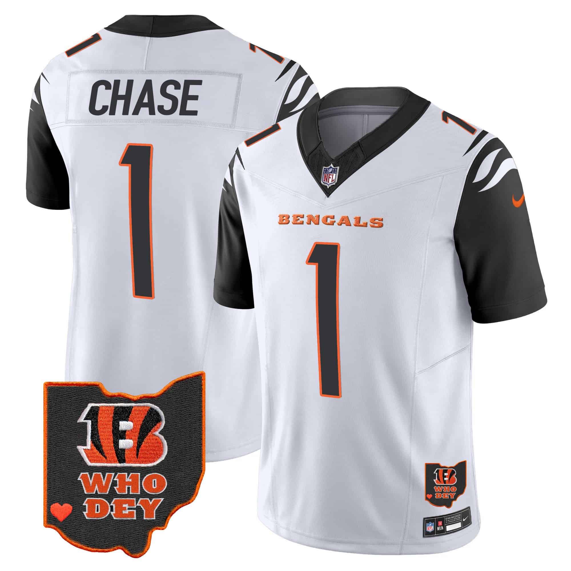 Men Cincinnati Bengals #1 Chase White 2024 Nike Patch Vapor Limited NFL Jersey style 2
